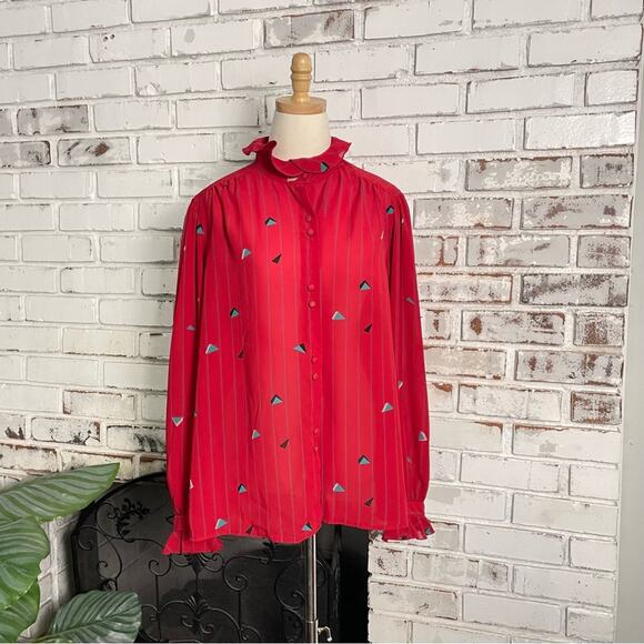 Vintage Red Teal Geometric Print Ruffle Sheer Long Sleeve Gathered Shoulder Top - Picture 2 of 11